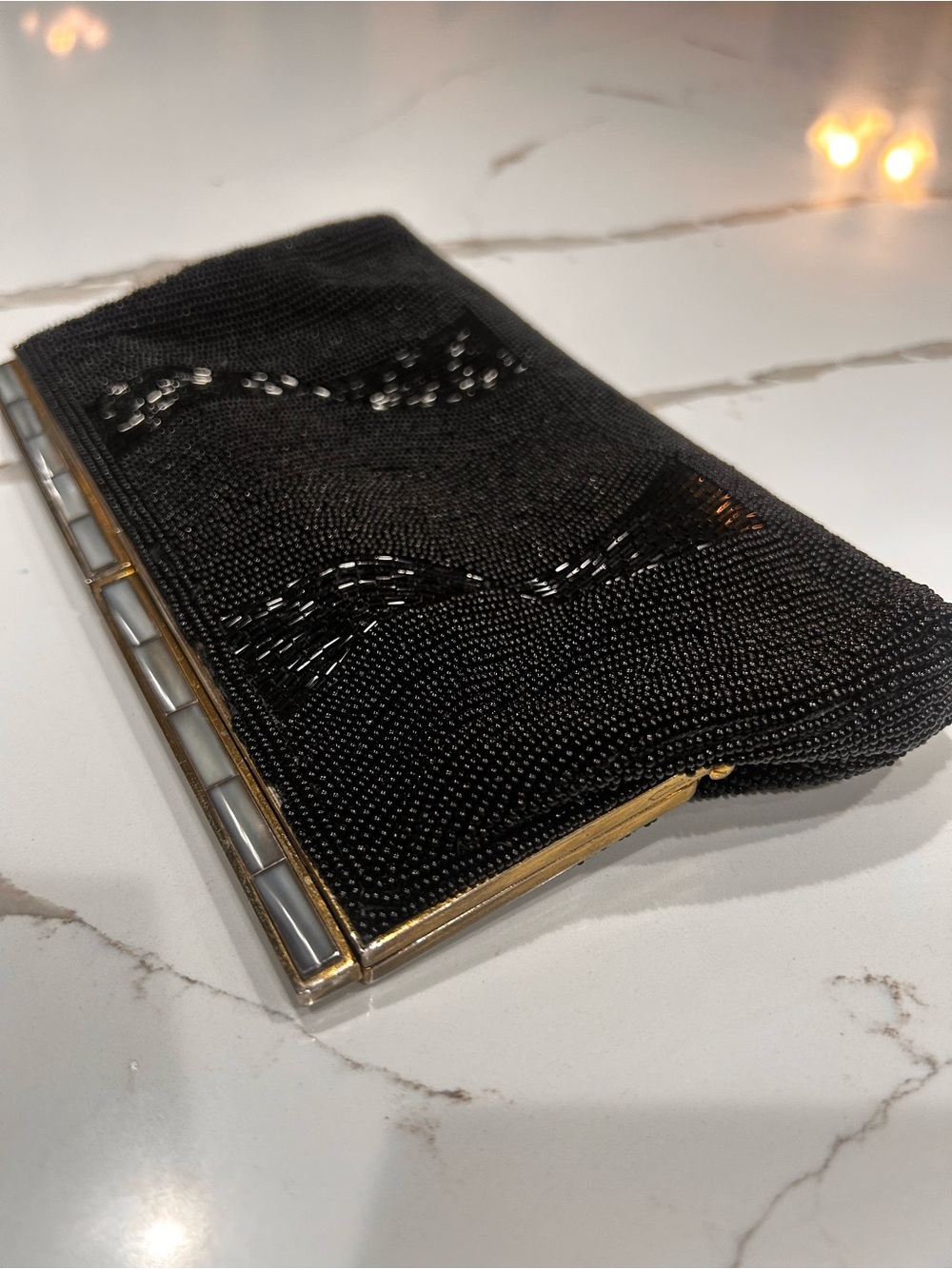 VINTAGE Vivant Black Beaded Evening Clutch with Gold Trim and Mother of Pearl
